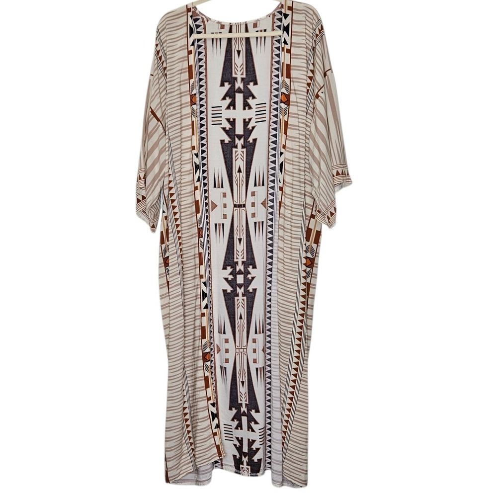 Unique Geometric Southwestern Kaftan Robe Duster‎ Loose Fit Beige Brown Aztec OS
